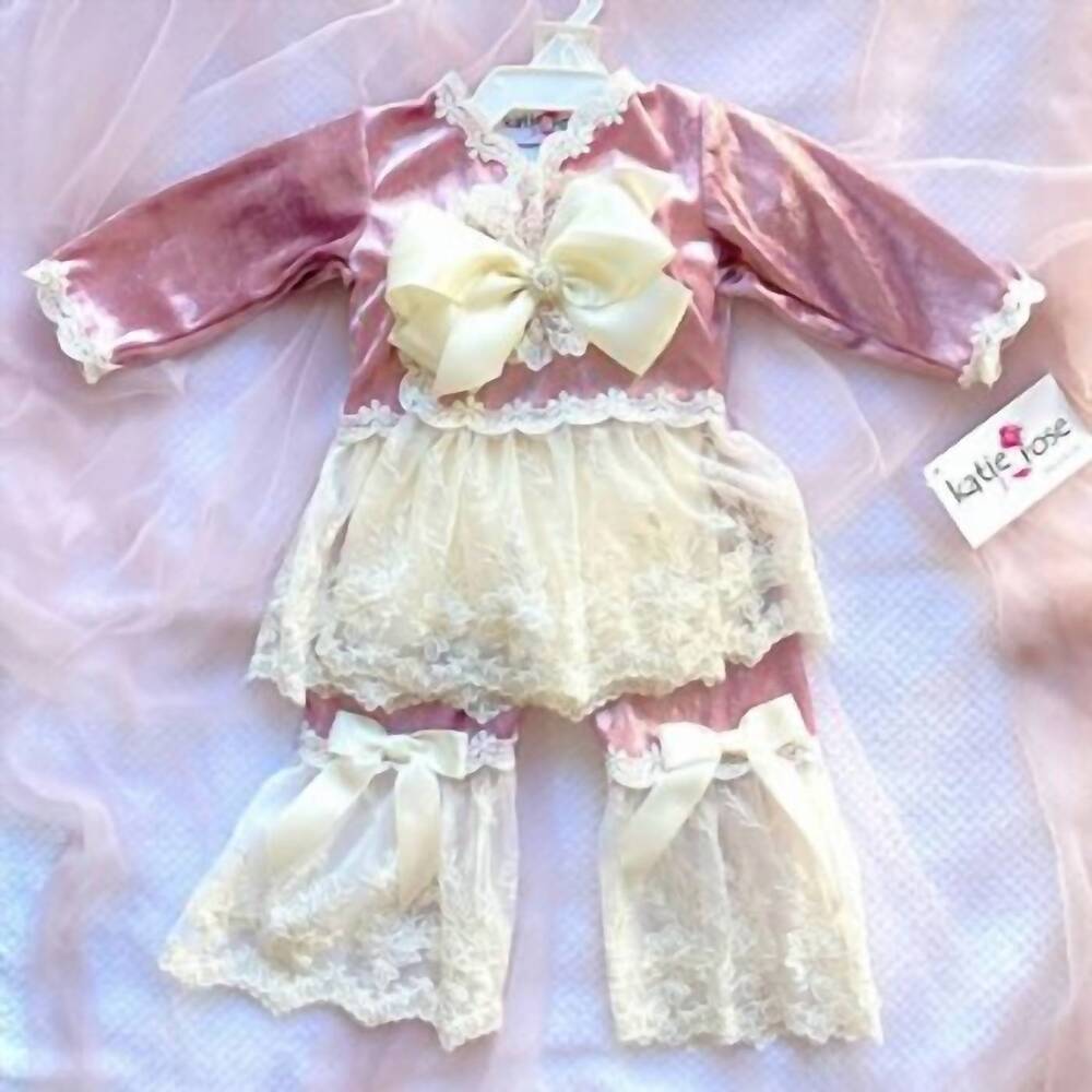 NEW KATIE ROSE girl's 2-piece lucia velvet and lace set in mauve/ivory
